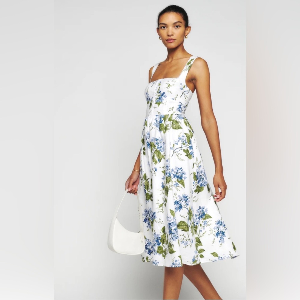 Reformation White and Blue Floral Midi Dress